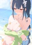  1girl bare_shoulders bikini black_bow black_hair blue_hair bow braid breasts cleavage colored_inner_hair commentary_request dress flower frills green_jacket hair_flower hair_ornament hair_scrunchie hat highres jacket leripen long_hair long_sleeves looking_at_viewer medium_breasts multicolored_hair nazuka_(a_dip_of_fresh_summer)_(stella_sora) nazuka_(stella_sora) off_shoulder official_alternate_costume outdoors pink_eyes scrunchie single_braid solo stella_sora summer sundress swimsuit symbol-shaped_pupils thighs two-tone_hair watermark white_bikini 