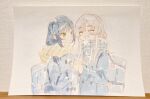  2girls cho_kaguya-hime! closed_eyes commentary_request holding_hands huskychuk interlocked_fingers looking_at_another multiple_girls open_mouth painting_(medium) runami_yachiyo sakayori_iroha scarf school_uniform smile traditional_media watercolor_(medium) winter_uniform yuri 