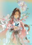  1girl artist_name blue_butterfly brown_eyes brown_hair bud bug butterfly chinese_clothes chromatic_aberration closed_mouth cowboy_shot earrings expressionless eyelashes fingernails flower gem highres jewelry lips long_hair long_sleeves low_ponytail original pearl pink_flower pink_ribbon ponytail ribbon single_earring solo watermark wide_sleeves wind yuansheng_zhengtai 