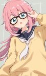  1girl :o absurdres adjusting_eyewear azumawari_(azumofu) black-framed_eyewear black_sailor_collar blue_eyes blush glasses grey_background hair_between_eyes hand_on_eyewear highres kagamihara_nadeshiko long_hair long_sleeves looking_at_viewer motosu_school_uniform neckerchief open_mouth pink_hair sailor_collar school_uniform simple_background solo sweater upper_body white_neckerchief yellow_sweater yurucamp 
