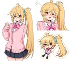  1girl akita_neru antenna_hair arm_behind_back blonde_hair blush blush_stickers bow bowtie cardigan chibi chibi_inset commission commissioner_upload furrowed_brow hair_between_eyes highres holding holding_phone jitome long_hair long_sleeves looking_at_viewer mantenhyaku100 multiple_views non-web_source phone pink_cardigan pink_sweater pinstripe_bowtie school_uniform shirt side_ponytail simple_background skeb_commission skirt sweatdrop sweater v-shaped_eyebrows vocaloid white_shirt yellow_eyes zako_(vocaloid) 