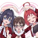  3girls :3 :d ^_^ ahoge arm_up black-framed_eyewear black_hair black_tube_top blue_eyes bow bowtie brown_eyes brown_hair cellphone closed_eyes commentary crossed_bangs facing_viewer glasses gloves hair_between_eyes hair_intakes hair_ribbon heart heart_arms heart_arms_trio holding holding_phone idol_clothes iin_chiyo kimi_no_koto_ga_dai_dai_dai_dai_daisuki_na_100-nin_no_kanojo long_hair looking_at_viewer low_twintails multiple_girls open_mouth phone puffy_short_sleeves puffy_sleeves red_hair ribbon short_hair short_sleeves simple_background smartphone smile strapless syuuka617 tube_top twintails two_side_up white_background white_bow white_bowtie white_gloves white_ribbon yakuzen_kusuri yoshimoto_shizuka 