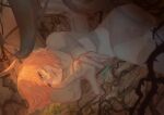  1girl abandoned android artist_name cable closed_mouth cytus cytus_ii half-closed_eyes indoors looking_at_viewer lying metal_skin on_ground on_side outstretched_arm pink_hair plant reaching reaching_towards_viewer red_eyes short_hair skin_seams solo tearing_up thorns vanessa_(cytus_ii) vines xenshiyo 
