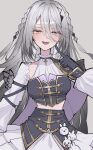  1girl absurdres black_gloves blue_eyes breasts character_charm charm_(object) colobbit commentary gloves grey_background grey_hair highres idol_clothes long_hair looking_at_viewer mole mole_under_eye mole_under_mouth nijisanji nijisanji_matching_outfit open_mouth simple_background solo sophia_valentine teeth upper_teeth_only virtual_youtuber yozakura_nozomu 