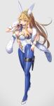  1girl animal_ears artoria_pendragon_(fate) artoria_pendragon_(lancer)_(fate) artoria_pendragon_(swimsuit_ruler)_(fate) artoria_pendragon_(swimsuit_ruler)_(first_ascension)_(fate) bare_shoulders blonde_hair blue_necktie blue_pantyhose blush braid braided_base breasts card cleavage clothing_cutout commentary_request cuboon detached_collar fate/grand_order fate_(series) feather_boa fishnet_pantyhose fishnets full_body full_cleavage green_eyes half_up_braid high_heels highleg highleg_leotard holster large_breasts legs leotard long_hair looking_at_viewer navel navel_cutout necktie pantyhose playboy_bunny playing_card ponytail ponytail_with_braided_base rabbit_ears short_necktie sidelocks simple_background smile solo thigh_strap tiara white_leotard wrist_cuffs 