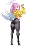  1girl absurdres ass black_pants black_shoes blue_archive blue_hair breasts closed_mouth commentary english_commentary feathered_wings from_behind halo high_heels highres holding_scrunchie hood hoodie large_breasts linear_71 mika_(blue_archive) multicolored_hair pants pink_hair pink_halo ponytail purple_scrunchie scrunchie shoes solo two-tone_hair underboob white_wings wings yellow_eyes yellow_hoodie yoga_pants 