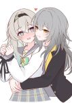  2girls @_@ black_jacket black_ribbon blue_eyes blush bound bound_wrists bow buttons commentary_request firefly_(honkai:_star_rail) firefly_(spring_missive)_(honkai:_star_rail) gradient_eyes gradient_hair green_bow green_hair grey_hair grey_sailor_collar grey_skirt hair_between_eyes hairband heart highres honkai:_star_rail honkai_(series) hug hug_from_behind jacket long_hair long_sleeves looking_at_another looking_back multicolored_eyes multicolored_hair multicolored_hairband multiple_girls nervous pink_eyes plaid_clothes plaid_skirt ribbon sailor sailor_collar school_uniform shirt simple_background skirt smile stelle_(honkai:_star_rail) sweatdrop tiimaru23 trailblazer_(honkai:_star_rail) white_background white_shirt yellow_eyes yuri 