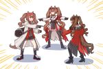  3girls angelina_(arknights) angelina_the_mellow_wish_(arknights) animal_ear_fluff animal_ears arknights arknights:_endfield bag black_bag black_boots black_collar black_gloves black_hairband black_shoes black_socks black_thighhighs boots brown_hair chinese_commentary coat collar commentary_request detached_sleeves dress emphasis_lines fox_ears fox_girl full_body gilberta_(arknights) gloves hairband hezixiaosheng high_heel_boots high_heels highres in-franchise_crossover infection_monitor_(arknights) long_hair long_sleeves meme multicolored_hairband multiple_girls multiple_persona open_clothes open_coat pointing pointing_at_another pointing_spider-man_(meme) red_coat red_dress red_eyes red_hairband shoes sneakers socks standing striped_clothes striped_hairband thighhighs twintails two-tone_hairband very_long_hair white_background white_coat white_dress 