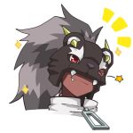  >_o 1girl animal_helmet bearcatmon black_helmet brown_hair closed_mouth commentary dark_skin dclaret digimon digimon_(creature) english_commentary fang fang_out grey_hair helmet jacket long_hair multicolored_hair notice_lines one_eye_closed red_eyes smile sparkle star_(symbol) sticker_(medium) transparent_background two-tone_hair white_jacket wink_star zipper_pull_tab 