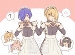  5girls ? ahoge apron astra_yao black_dress black_hair blonde_hair blue_hair blush cissia_(zenless_zone_zero) closed_eyes closed_mouth commentary dress enmaided evelyn_chevalier four-finger_heart_hands furry furry_female glowstick hair_between_eyes hair_ornament hair_over_one_eye hairband hairclip heart heart_hands highres holding holding_glowstick long_hair maid maid_apron maid_headdress mole mole_under_eye multiple_girls open_mouth pink_background pink_fur pink_hair pom_pom_(clothes) pom_pom_hair_ornament promeia_(zenless_zone_zero) purple_eyes rabbit_girl sphere_hair_ornament spoken_blush spoken_question_mark two-tone_background untranslatable_commentary white_apron white_background white_hairband yr001sb zenless_zone_zero zhao_(zenless_zone_zero) 
