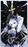  1girl arms_up black_background black_gloves black_skirt blue_eyes blue_hair border buttons center_frills closed_mouth commentary double-parted_bangs excalibur_(fate/stay_night) frills gloves goose-last hair_between_eyes hatsune_miku highres holding holding_sword holding_weapon long_hair long_sleeves looking_at_viewer shirt sidelocks skirt solo sword twintails upper_body very_long_hair vocaloid weapon white_border white_shirt 