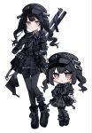  1girl ammunition_pouch arm_belt artist_name asymmetrical_gloves bandaged_arm bandaged_hand bandages black_choker black_coat black_dress black_gloves black_hair black_hat black_pantyhose black_ribbon black_shoes chibi chibi_inset choker coat collared_dress commentary_request dress full_body gloves goggles goggles_on_headwear grey_eyes gun hair_ornament hat highres kurobe_nanoka leg_belt long_hair mahou_shoujo_no_majo_saiban neck_ribbon pantyhose plaid_clothes plaid_dress pouch ribbon rifle shoes signature simple_background twintails twitter_username weapon white_background yamete_ne 