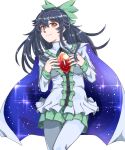  1girl alternate_costume black_hair bow cape chest_eye commentary_request dakenn3 dress frilled_dress frills green_bow hair_bow highres long_hair looking_at_viewer pantyhose red_eyes reiuji_utsuho simple_background smile solo star_(sky) star_(symbol) star_print touhou white_background white_dress white_pantyhose 