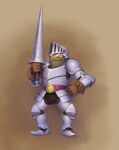  1boy armor beard blue_eyes brown_background brown_gloves commentary_request facial_hair full_beard full_body gloves helmet holding holding_polearm holding_weapon looking_at_viewer makaimura male_focus mature_male mustache no_humans polearm sir_arthur_(makaimura) sirokitten solo standing weapon 