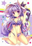  :o absurdres animal_ears arm_support bare_shoulders barefoot between_legs bikini blush breasts cleavage fox_ears fox_tail frilled_bikini frills hat highres long_hair looking_at_viewer medium_breasts navel open_mouth original purple_bikini purple_eyes purple_hair scan shiny shiny_skin side-tie_bikini sitting solo swimsuit tail tateha_(marvelous_grace) wariza 