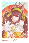  1girl absurdres angelina_(arknights) angelina_(festival)_(arknights) animal animal_ear_fluff animal_ears arknights bare_shoulders bracelet brown_hair character_name chinese_commentary commentary_request copyright_name double-parted_bangs fake_photograph fox_ears fox_girl green_headscarf hair_between_eyes headscarf highres holding holding_animal holding_rabbit jewelry long_hair looking_at_viewer mercury_(xhs_271054083) off-shoulder_shirt off_shoulder one_eye_closed open_mouth rabbit red_eyes shawl shirt smile solo star_(symbol) twintails upper_body white_shirt yellow_shawl 