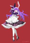  1girl absurdres alternate_costume animal_ears apron back_bow bow closed_mouth commentary dress enmaided full_body gloves gun handgun high_heels highres holding holding_gun holding_weapon kirisilence long_hair long_sleeves looking_at_viewer maid maid_apron maid_headdress neck_ribbon pantyhose purple_dress purple_gloves purple_hair purple_shoes rabbit_ears rabbit_girl red_background red_eyes red_ribbon reisen_udongein_inaba ribbon shoes signature simple_background smile solo touhou variant_set very_long_hair weapon white_apron white_bow white_pantyhose 