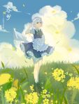  1girl absurdres apron back_bow blue_dress boots bow bowtie chinese_text cloud collared_shirt commentary_request dress falling_petals flower full_body grass green_bow green_bowtie grey_hair highres izayoi_sakuya kirisilence lace-up_boots maid maid_headdress outdoors petals pinafore_dress puffy_short_sleeves puffy_sleeves purple_eyes rapeseed_blossoms shirt short_hair short_sleeves sleeveless sleeveless_dress solo touhou translation_request waist_apron white_apron white_bow white_shirt yellow_flower yellow_petals 