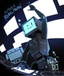  >_o 1other artifisoap body_writing bodypaint character_name cytus cytus_ii dj english_text halftone highres humanoid_robot joints mixing_console monitor_head one_eye_closed pointing pointing_up robo_head_(cytus) robot robot_joints smile solo sticker 