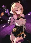  1girl absurdres asymmetrical_shorts bare_shoulders black_hat blonde_hair breasts commentary_request detached_sleeves garter_straps hand_on_own_head hat high-waist_shorts highres holding holding_weapon kumuuu large_breasts looking_at_viewer mole mole_under_mouth multicolored_hair purple_eyes shirt short_hair shorts single_garter_strap single_thighhigh smile solo tentacle_girl tentacle_tail tentacles thighhighs weapon white_shirt yidhari_murphy zenless_zone_zero 