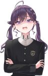  1girl absurdres ahoge baksangmin black_jacket blue_eyes braid collared_shirt commentary_request crossed_arms crossed_bangs disgust ear_piercing gakuen_idolmaster gokugetsu_gakuen_school_uniform highres idolmaster jacket kaya_rinha korean_commentary long_hair looking_at_viewer mole mole_on_neck open_mouth piercing purple_hair school_uniform shaded_face shirt sidelocks simple_background solo upper_body white_background white_shirt 