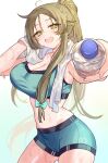  after_workout alternate_costume ass_visible_through_thighs atelier_(series) atelier_lydie_&amp;_suelle blush bottle braid breasts commentary commission fang firis_mistlud green_eyes green_hair happy high_ponytail highres holding holding_bottle incoming_gift large_breasts long_hair looking_at_viewer open_mouth pixiv_commission ponytail ryuuno6 sidelocks simple_background sports_bikini sports_bra sportswear stomach sweat sweatdrop towel towel_around_neck track_and_field track_uniform very_long_hair 