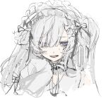 1girl collar commentary crying crying_with_eyes_open dress frilled_collar frilled_hairband frills hair_over_one_eye hairband highres lolita_hairband long_hair long_sleeves looking_at_viewer mahou_shoujo_no_majo_saiban minna_de_zutto_shiawase_ni_kazoku_de_issho_ni_tanoshii_party_wo natsume_an-an one_eye_covered open_mouth pi1ne2 portrait purple_eyes sleeves_past_fingers sleeves_past_wrists solo spoilers tears untranslatable_commentary white_dress white_hair white_hairband wide_sleeves 