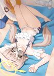  1girl absurdres beach beach_towel bikini blue_archive blush brown_hair closed_mouth commentary full_body halo hifumi_(blue_archive) hifumi_(swimsuit)_(blue_archive) highres innertube long_hair looking_at_viewer low_twintails lying onigiri716 round_eyewear ruffle_bikini sand sandals smile solo sunbathing sunglasses swim_ring swimsuit towel twintails unworn_sandals upside-down white_bikini white_sandals yellow_halo 