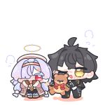  1boy 1girl ahoge beret black_gloves black_hair black_jacket black_pants blush bow brown_gloves chibi chibi_only coat commentary_request gloves hair_over_one_eye hairband hat highres holding holding_stuffed_toy jacket long_hair low-tied_long_hair male_rover_(wuthering_waves) mornye_(wuthering_waves) one_eye_closed open_mouth pants pink_hairband pink_hat purple_hair red_eyes red_hairband rover_(wuthering_waves) simple_background standing stuffed_animal stuffed_toy syurikenmaru teddy_bear twintails white_background wuthering_waves yellow_eyes 