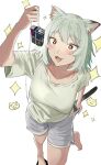  +_+ 1girl :3 absurdres animal_ear_fluff animal_ears aqua_shorts barefoot blush breasts cat_ears cat_girl cat_tail clothes_pull collarbone commentary_request drawstring earrings foot_up_heel_up grey_hair grey_shorts highres holding holding_string jewelry large_breasts looking_at_object mevius multiple_earrings open_mouth pulling_own_clothes satou_yaniko shirt short_hair short_sleeves shorts shorts_pull simple_background solo sparkle standing standing_on_one_leg string t-shirt tail takusijun77 white_background white_shirt yani_neko 