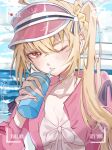  1girl ahoge bikini blonde_hair blush breasts choker collarbone commentary_request crossed_bangs cup drinking drinking_straw drinking_straw_in_mouth hair_between_eyes hair_ornament hair_scrunchie highres holding holding_cup jacket long_hair looking_at_viewer luciana_de_montefio luciana_de_montefio_(princess_on_holiday) official_alternate_costume one_eye_closed pink_jacket pink_visor_cap recording red_eyes scrunchie side_ponytail small_breasts solo sweat swimsuit upper_body visor_cap water white_bikini white_choker yumemidori_1616 zenless_zone_zero 