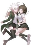  2girls :d absurdres ahoge breasts brown_eyes brown_shoes brown_shorts brown_skirt brown_thighhighs commentary danganronpa_(series) danganronpa_2:_goodbye_despair fully_genderswapped_group genderswap genderswap_(mtf) green_jacket hair_between_eyes highres hinata_hajime hood hood_down hooded_jacket jacket kn0309dg kneehighs komaeda_nagito large_breasts long_hair long_sleeves medium_hair miniskirt multiple_girls open_clothes open_jacket pleated_skirt print_shirt revision shirt shoes shorts simple_background skirt smile socks thighhighs untranslatable_commentary white_background white_hair white_shirt white_shoes 