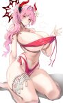  bare_shoulders basoruza123 bikini blue_archive blush breasts brown_eyes cleavage collarbone commentary_request demon_horns earrings flower groin hair_flower hair_ornament halo high_ponytail highres hoop_earrings horns huge_breasts jewelry long_hair navel partial_commentary pink_hair ponytail red_bikini red_halo satsuki_(blue_archive) satsuki_(swimsuit)_(blue_archive) side-tie_bikini_bottom sitting smile steam sweat swimsuit thigh_strap thighs wavy_hair 