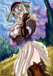  1girl abdomen_tail antennae arthropod_girl black_sclera blue_hat braid colored_sclera commentary dress english_commentary glasses grass green_eyes green_hair hat highres indie_virtual_youtuber joomfie_(juniper_actias) juniper_actias looking_at_viewer mallo064 monster_girl moth_antennae moth_girl multicolored_hair open_mouth outdoors pointy_ears solo thighs tree twin_braids virtual_youtuber white_dress white_hair 