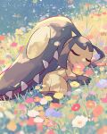  blush closed_eyes closed_mouth commentary_request extra_mouth field flower flower_field full_body grass highres mawile nikoru outdoors pokemon pokemon_(creature) pokemon_focus sharp_teeth sleeping solo teeth twitter_username 