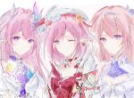  3girls ;) absurdres beret breasts chinese_commentary color_connection commentary_request company_connection cyrene_(demiurge)_(honkai:_star_rail) cyrene_(honkai:_star_rail) diamond-shaped_pupils diamond_(shape) dress earrings elf elysia_(herrscher_of_human:_ego)_(honkai_impact) elysia_(honkai_impact) flower hair_color_connection hair_flower hair_ornament hat heart heart_earrings highres honkai:_star_rail honkai_(series) honkai_impact_3rd inoue_marina jewelry large_breasts long_hair long_pointy_ears looking_at_viewer medium_hair mihoyo multiple_girls one_eye_closed pink_hair pointy_ears purple_eyes red_dress remielle_dan simple_background smile symbol-shaped_pupils very_long_hair voice_actor_connection white_background white_dress wo_de_shijie_hao_chen yanning zenless_zone_zero 