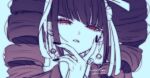  1girl black_hair black_nails bow celestia_ludenberg commentary_request danganronpa:_trigger_happy_havoc danganronpa_(series) drill_hair earrings half-closed_eyes hand_on_own_face highres jewelry long_eyelashes nelt planet_earrings red_eyes ribbon school_uniform teeth watermark white_bow white_ribbon 