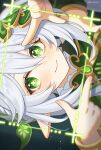  1girl blush closed_mouth commentary cross-shaped_pupils finger_frame fingernails gem genshin_impact green_eyes green_gem green_hair hair_ornament hands_up highres leaf_hair_ornament light_smile looking_at_viewer nahida_(genshin_impact) oq_you pointy_ears portrait sideways solo symbol-shaped_pupils white_hair 