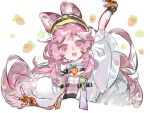  1girl :d ahoge animal_ear_fluff animal_ears arknights arm_up carrot chinese_commentary clover commentary_request fingerless_gloves four-leaf_clover gloves highres long_hair looking_at_viewer open_mouth orange_gloves pink_eyes pink_hair rabbit_ears rabbit_girl ranzhen_sang_ddd smile solo thumpy_(arknights) upper_body v white_background 
