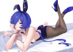  1girl animal_ear_hairband animal_ears black_leotard black_shoes blue_hair breasts commentary_request cuffs detached_collar fake_animal_ears hair_over_one_eye hairband handcuffs head_rest high_heels highres leotard long_hair looking_at_viewer lying medium_breasts on_stomach parted_lips playboy_bunny promeia_(zenless_zone_zero) purple_eyes purple_nails rabbit_ear_hairband rabbit_ears shoe_soles shoes solo strapless strapless_leotard the_pose uixy very_long_hair white_background zenless_zone_zero 