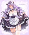  1girl absurdres alternate_costume apron black_corset black_dress blush breasts camilla_(fire_emblem) cleavage cleavage_cutout clothing_cutout commentary_request corset dress fake_horns fire_emblem fire_emblem_fates garter_straps hair_ornament hair_over_one_eye highres holding_own_dress horns huge_breasts long_hair long_sleeves looking_at_viewer maid maid_apron maid_headdress parted_lips pink_eyes purple_hair skindentation solo thick_thighs thighhighs thighs tiara very_long_hair wade_(njud8343) wavy_hair white_apron white_garter_straps white_headdress white_thighhighs 