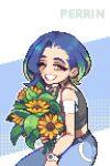  1girl armband bare_shoulders black_armband black_choker blue_hair bob_cut brown_eyes character_name choker collarbone commentary crop_top denim eyeliner flea_alex flower gradient_hair grey_shirt highres holding holding_flower jeans lipstick loose_hair_strand makeup midriff multicolored_hair off-shoulder_shirt off_shoulder one_eye_closed pants perrin_(pokemon) pink_eyeliner pixel_art pokemon pokemon_scarlet_and_violet ribbed_shirt shirt short_hair sleeveless sleeveless_shirt sunflower undershirt v-neck watch wristwatch 