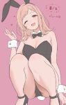  1girl :d ;d absurdres animal_ear_hairband animal_ears black_bow black_bowtie black_hairband black_leotard black_shoes bow bowtie breasts brown_eyes brown_hair cameltoe cleavage commentary_request detached_collar dot_nose fake_animal_ears fake_tail hairband hand_up head_tilt heart high_heels highres idolmaster idolmaster_shiny_colors koukashita large_breasts leotard medium_hair one_eye_closed open_mouth pink_background pink_nails playboy_bunny rabbit_ear_hairband rabbit_ears rabbit_tail sakuragi_mano shoes simple_background smile solo squatting stiletto_heels tail teeth traditional_bowtie upper_teeth_only white_wrist_cuffs wrist_cuffs 
