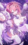  1girl absurdres breasts commentary_request detached_sleeves dress hair_intakes hand_on_own_chest highres kaiju_ryoku large_breasts low_wings medium_hair nail_polish open_mouth pink_hair purple_background purple_eyes purple_nails reaching reaching_towards_viewer remielle_dan solo thaumiel_(zenless_zone_zero) thighhighs white_dress white_sleeves white_thighhighs white_wings wings zenless_zone_zero 