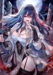  1girl absurdres black_bridal_gauntlets black_garter_straps black_thighhighs blue_hair blush breasts bridal_gauntlets cenangam character_request commentary_request copyright_request full_moon garter_straps hands_up highres korean_commentary large_breasts long_hair long_sleeves looking_at_viewer mole mole_under_eye moon night open_mouth outdoors red_eyes solo standing teeth thighhighs tongue tongue_out v 