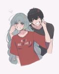  1boy 1girl absurdres alternate_costume anger_vein annoyed black_hair black_shirt blush braid breasts cheek_pinching cheseu clothes_writing collarbone commentary cropped_torso english_text grey_background grey_eyes grey_hair hair_between_eyes heterochromia hickey highres long_hair looking_at_another low_twin_braids male_rover_(wuthering_waves) multicolored_hair one_eye_closed phrolova_(wuthering_waves) pinching pink_eyes red_shirt rover_(wuthering_waves) shirt signature simple_background small_breasts streaked_hair twin_braids wuthering_waves yellow_eyes 