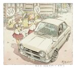  2girls =_= border brown_eyes brown_hair building car clothesline commentary day flower hand_on_own_chin hand_up highres index_finger_raised long_hair mima_nonoka momose_riko motor_vehicle multiple_girls open_mouth outdoors planter pleated_skirt radio_antenna red_flower red_skirt sailor_collar school_uniform sekihan shirt short_hair short_sleeves signature skirt smile speech_bubble standing subaru_(brand) subaru_1000 subaru_360 translation_request vehicle_name white_border white_car white_sailor_collar white_shirt window wristband yellow_car zesshaka!_shiritsu_yotsuwa_joshi_gakuin_zetsumetsu_kigu-sha_gakka 