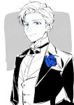  1boy alternate_costume blue_eyes blue_flower blue_rose buttons chi.:_chikyuu_no_undou_ni_tsuite closed_mouth dress_shirt flower formal_clothes grey_background jacket kadeart looking_at_viewer male_focus open_clothes open_jacket rafal_(chi.) rose shirt short_hair sideburns simple_background smile solo spot_color suit_jacket upper_body wingtip_collar 