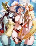  1boy 3girls :d ;d alternate_costume anlucea aqua_skin armlet arms_behind_back back_fin bikini black_bikini black_hair blue_hair blue_sky blunt_bangs bracelet braid breasts brother_and_sister brown_hair cleavage cloud colored_skin commentary_request covered_navel covered_nipples cowboy_shot day dragon_quest dragon_quest_x fins fish_girl gold_armlet gold_bracelet hairband head_fins highres index_finger_raised innertube jewelry kyururu_(dq10) large_breasts linea_alba long_hair looking_at_viewer looking_to_the_side low_ponytail low_twin_braids medium_breasts midriff mole mole_under_mouth monster_girl multiple_girls navel necklace numao_sub one-piece_swimsuit one_eye_closed open_mouth orange_bikini outdoors parted_bangs ponytail purple_eyes red_shorts seria_(dq10) shorts siblings sideboob skindentation sky smile string_bikini surfboard surfing swim_ring swimsuit thong thong_bikini touma_(dq10) twin_braids underboob wading water yellow_hairband yellow_one-piece_swimsuit yukiha_(dq10) 