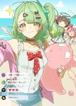  3girls angels_of_delusion aria_(human)_(zenless_zone_zero) aria_(zenless_zone_zero) beach black_choker black_hair blue_shorts blue_sky blush bow choker closed_eyes closed_mouth cloud collarbone colored_inner_hair commentary_request eyewear_on_head green_bow green_eyes green_hair green_nails hair_bow hair_ornament hairclip heart heart-shaped_eyewear heart_hair_ornament highres holding jacket looking_at_viewer multicolored_hair multiple_girls multiple_hair_bows multiple_hairclips nangong_yu ocean one_eye_closed open_mouth outdoors pendant_choker pink_hair pink_jacket red_bow red_eyes sand sava_25254 shirt short_twintails shorts sky smile sparkle sunglasses sunna_(zenless_zone_zero) twintails water white_shirt white_wings wings zenless_zone_zero 